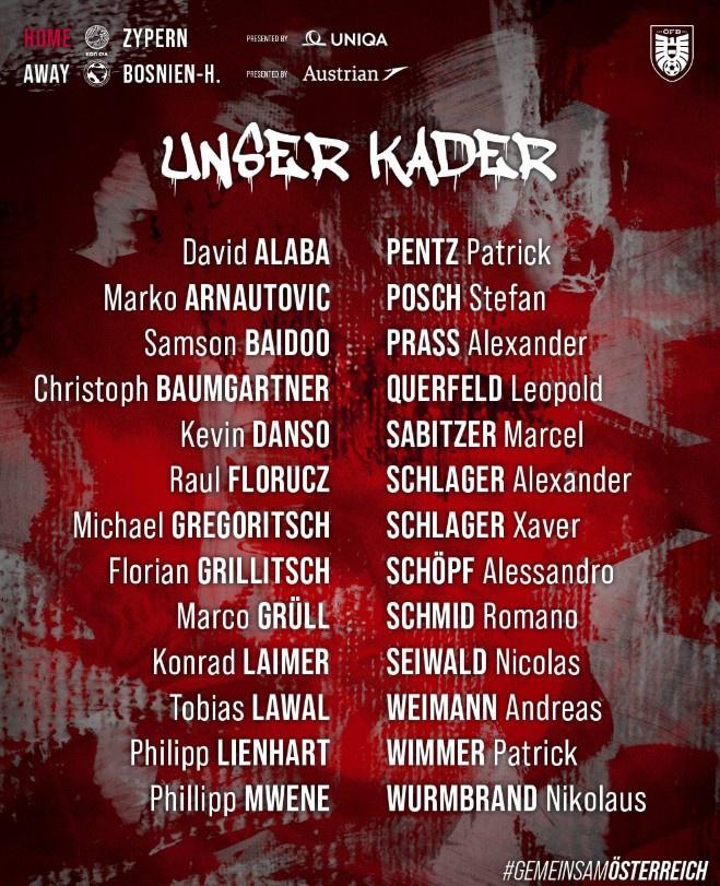 LOL世界赛官网-奥地利大名单：阿拉巴领衔，萨比策、莱默尔、阿瑙、丹索入选